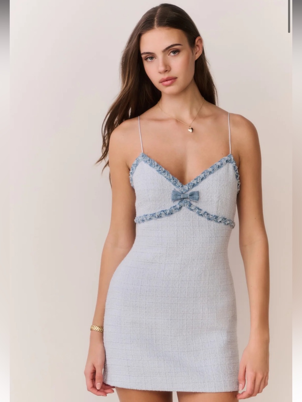 LoveShackFancy Novara Denim-Trimmed Tweed Mini Dress Blue Women Size 6